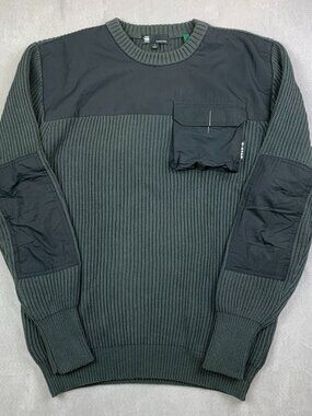 G Star Mens Sweater Large Gray Black Crewneck Long Sleeve Army Rib Knit Commando